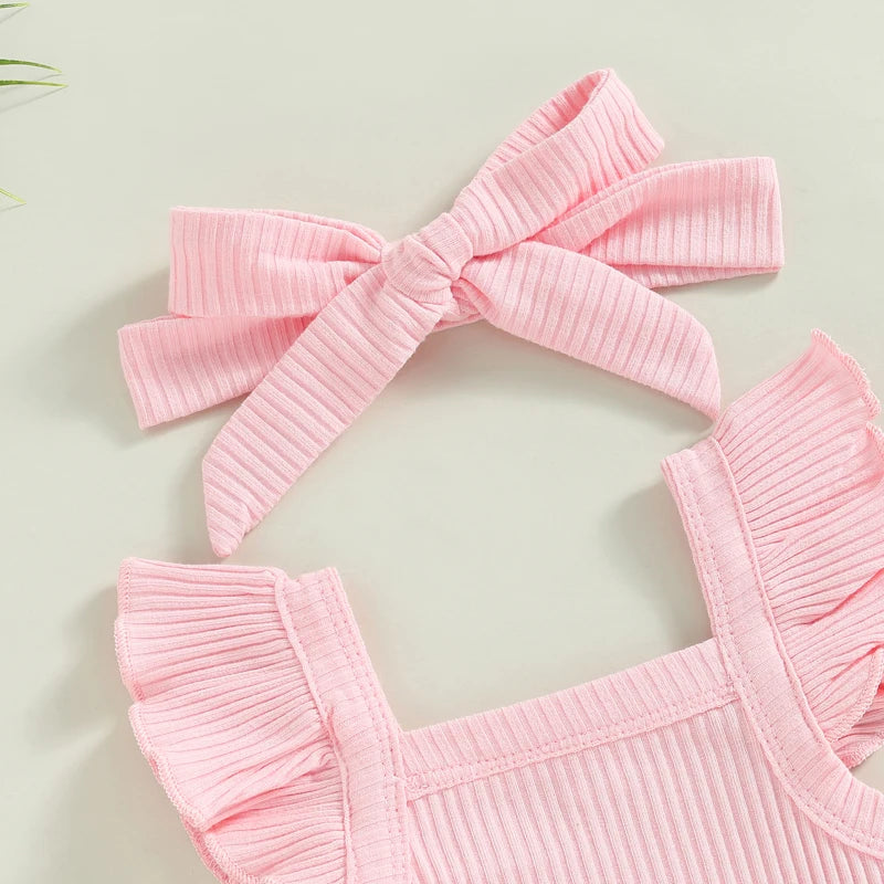Newborn Baby Girl Clothes Summer Outfit Ruffle Sleeveless Knit Romper Top Bloomer Shorts Set