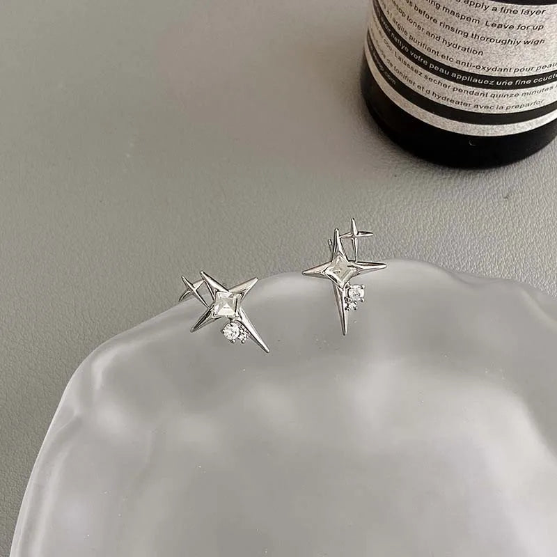 2025 Fashion Silver Color Cross Star Zircon Stud Earrings for Women Girl Korean Four-Pointed Star Personality Earrings Jewellery