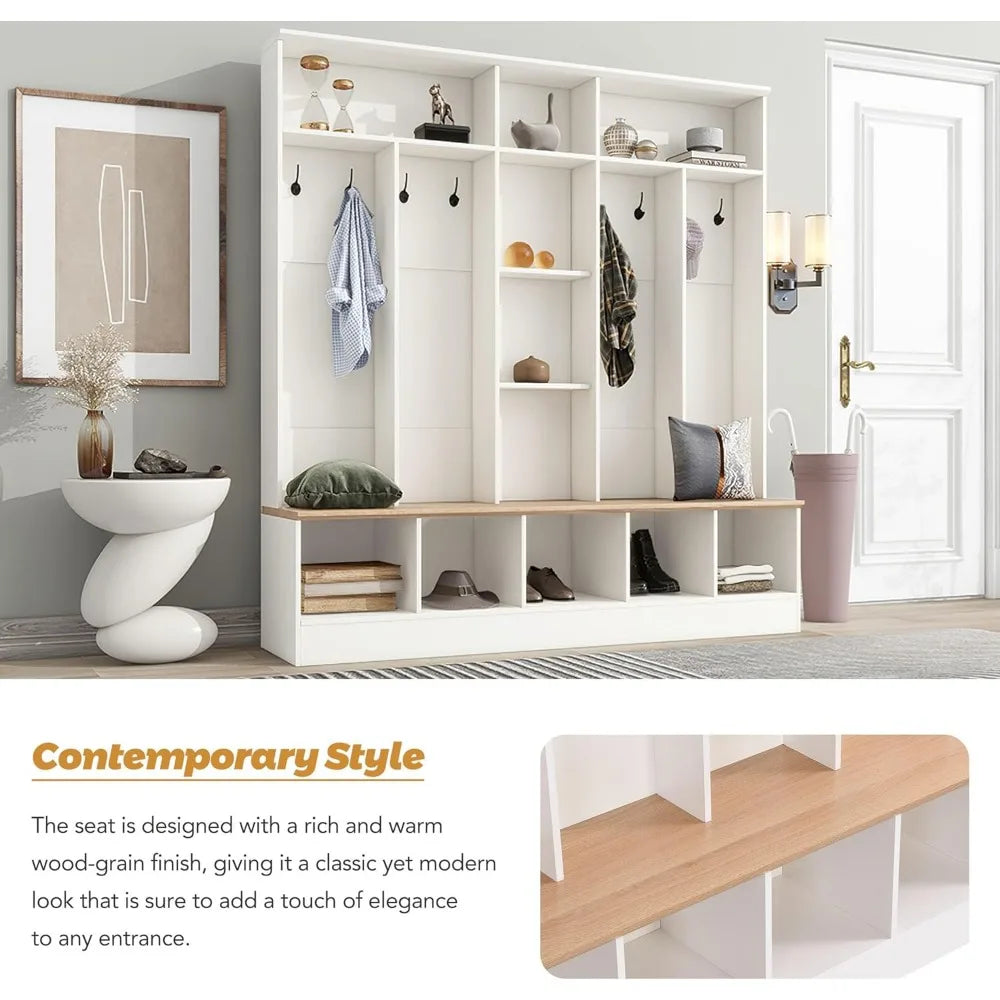 ON-TREND Wide Design Hall Tree with Storage Bench, Minimalist Shoe Cabinet with Cube Storage & Shelves, Multifunctional Coat Rac