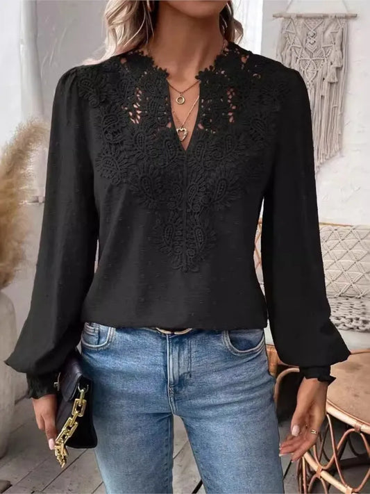 Autumn Women's Clothing New Sexy V-neck Fashion Lace Patchwork Solid Color Shirt Long Sleeved Casual Shirt Women's Clothing