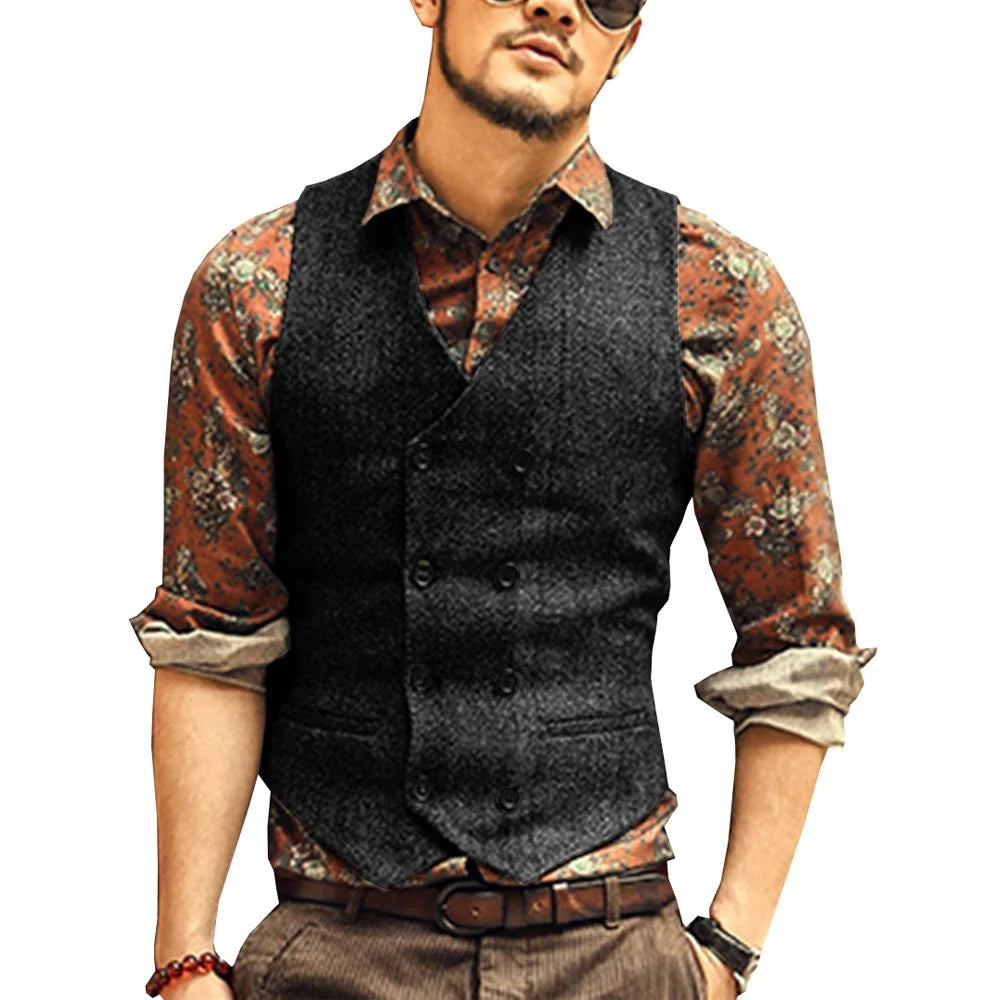 Men Vests Suit Vest Tweed Man Waistcoat Brown Black Groomman Wedding Clothing Jacket Victorian Style Steampunk BusinessA