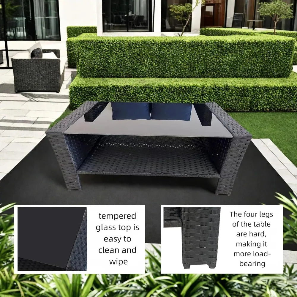Patio Furniture Set, All-Weather Wicker Sectional Conversation Set with Tempered Glass Table & Cushioned Sofa,Outdoor Sofa