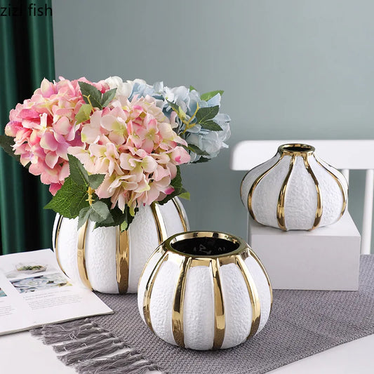 White Gold Ceramic Vase Desktop Flower Arrangement Hydroponic Vases Dried Flowers Vase Plant Vases Flowerpot Decoration Crafts