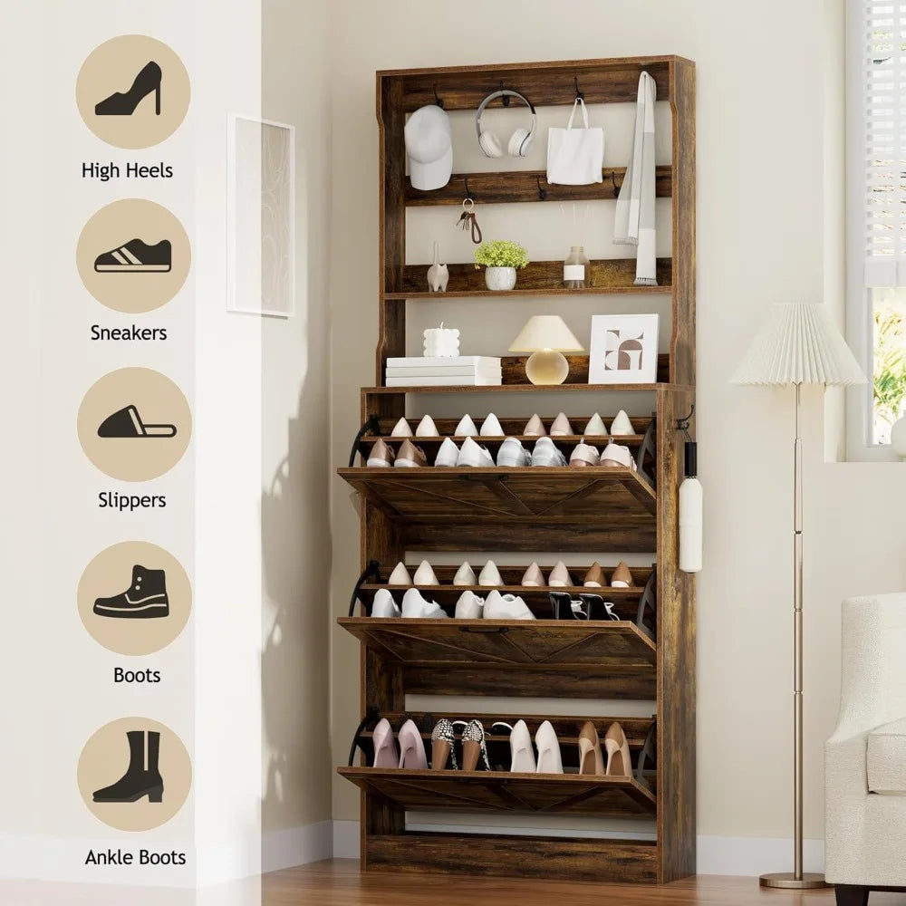 Shoe Cabinet Storage for Entryway, Narrow Shoe Rack Cabinet with 3 Flip Drawers & Coat Rack, Hidden Shoe Storage Cabinet, 2-in-