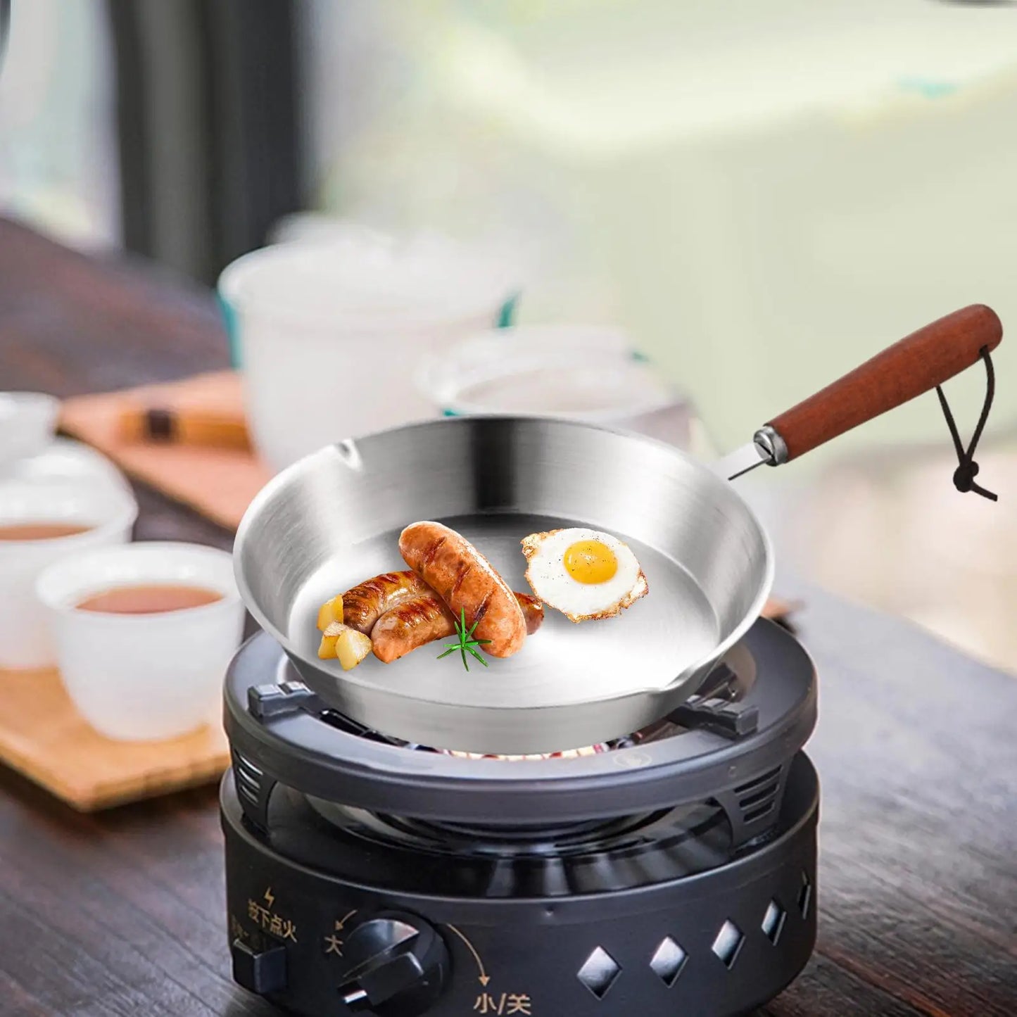 Kitchen Stainless Steel Fry Pan Cooking Eggs Sandwich Kitchen Cookware Wood Handle Butter Warmer Steak Grilling Pan for Home Rvs