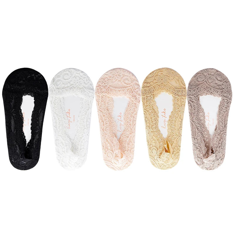 5 Pairs/Lot Socks Women's Ankle Short  No-Show Invisible Foot Summer Thin Cotton Set White Low Cut Boat Lace Silicone Non-Slip