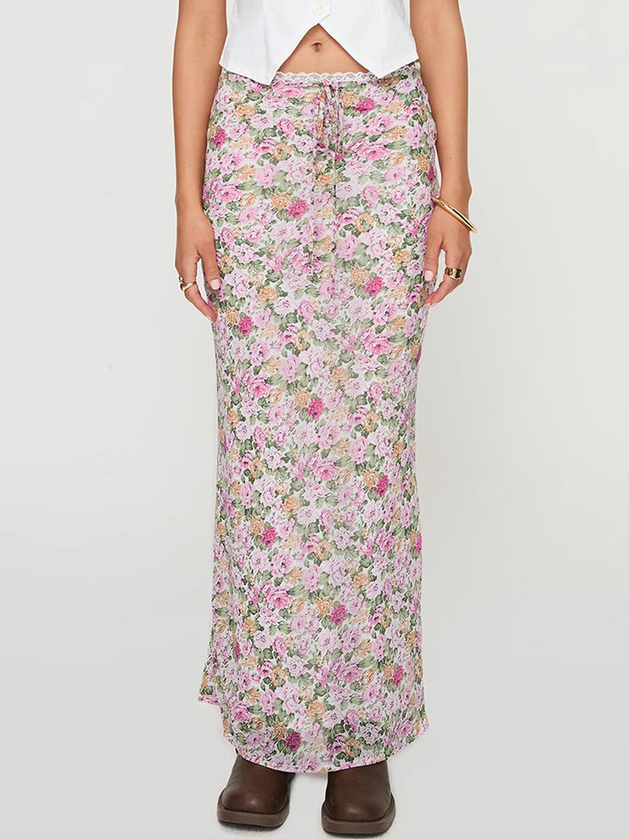 Women s Boho Maxi Skirt with Ruffle Hem and Tie Waist Elegant Floral Print Long Skirt for Summer Beach Vacation