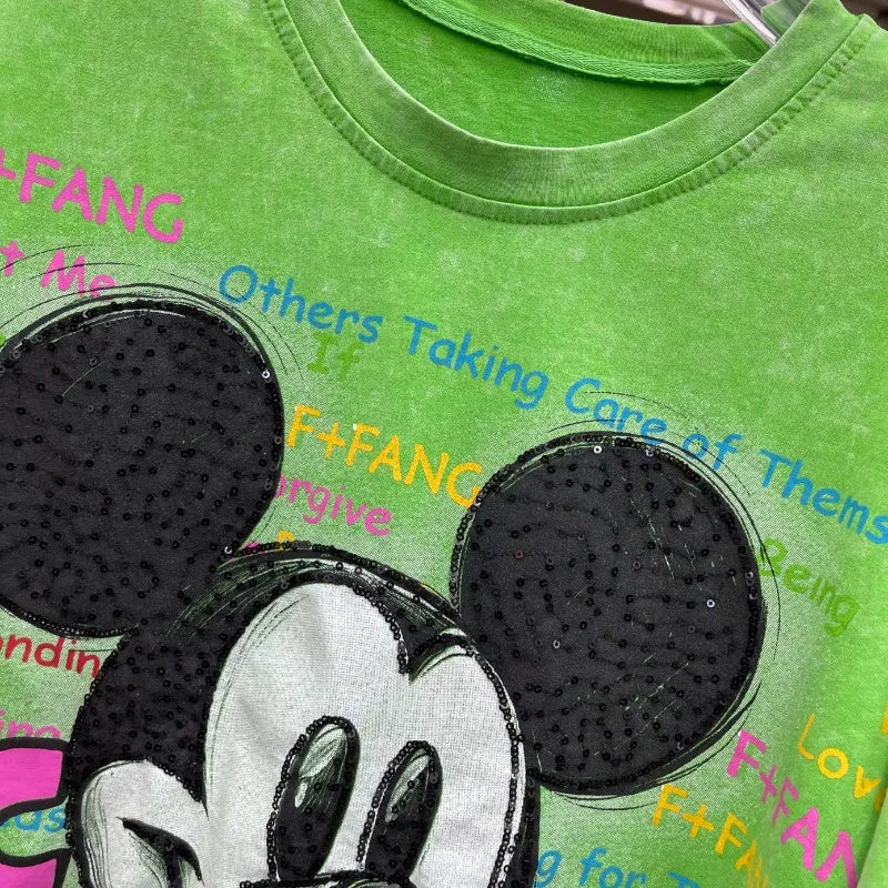 Women's Clothes 2025 New Heavy Industry Design Cartoon Leopard Print Short-sleeved T-shirt Loose Casual Top Vintage Tees Female