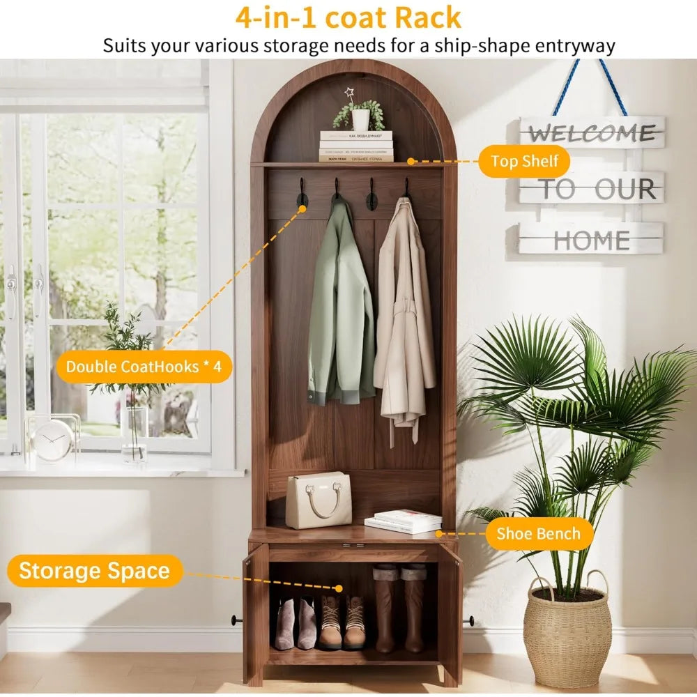 Hall Tree with Bench and Shoe Storage, Entryway Storage Bench with Coat Rack, Arch Coat Rack Fluted Doors, Farmhouse Style