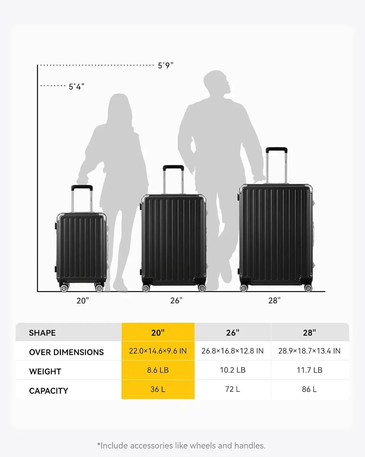 LUGGEX Luggage with Spinner Wheels - Polycarbonate Aluminum Hard Shell Suitcase Zipperless Carry-On 20-Inch, Black