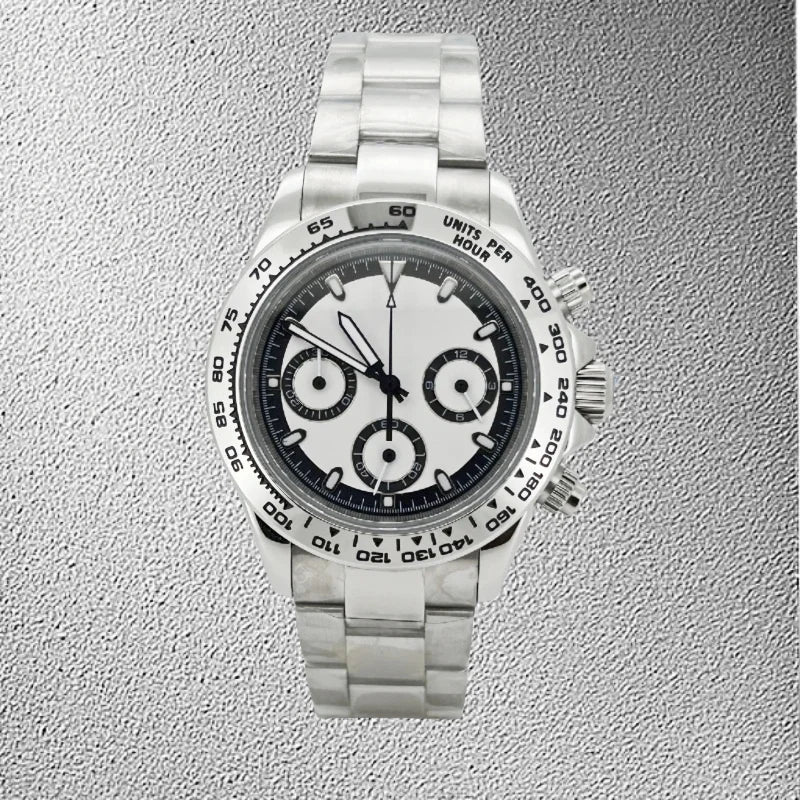 Luxury Silver Men Sapphire Glass Daytona Style Chronograph Stainless Steel Watch Japan VK63 Quartz Watch Movement Luminous Dial