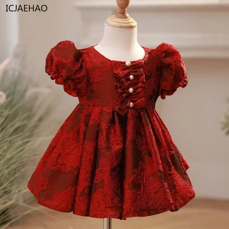 Baby Girl Clothing Children Flower Dress Outfits Birthday Baptism Elegant Kids Bow Boutique Party Red Ball Gown Toddler Clothes