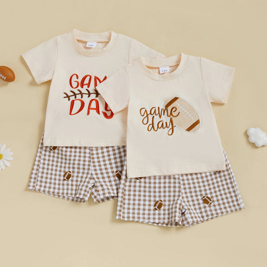 Summer Toddler Baby Football Outfit Loose Fit Letter Print Short Sleeve T-Shirt with Plaid Shorts 2 Pcs Set
