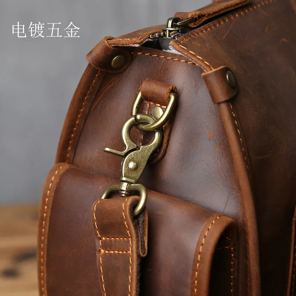 NZPJ Retro Genuine Leather Men's Briefcase Top Layer Cowhide Handbag  Crazy Horse Leather   Crossbody Bag For 16 Inch Laptops