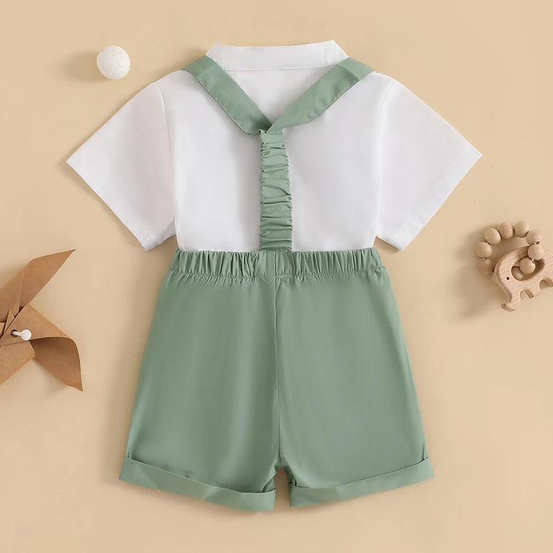 2024-12-04 Lioraitiin Summer Toddler Boys Clothes Set Gentleman Outfit Solid Color Short Sleeve Romper with Suspender Shorts Set