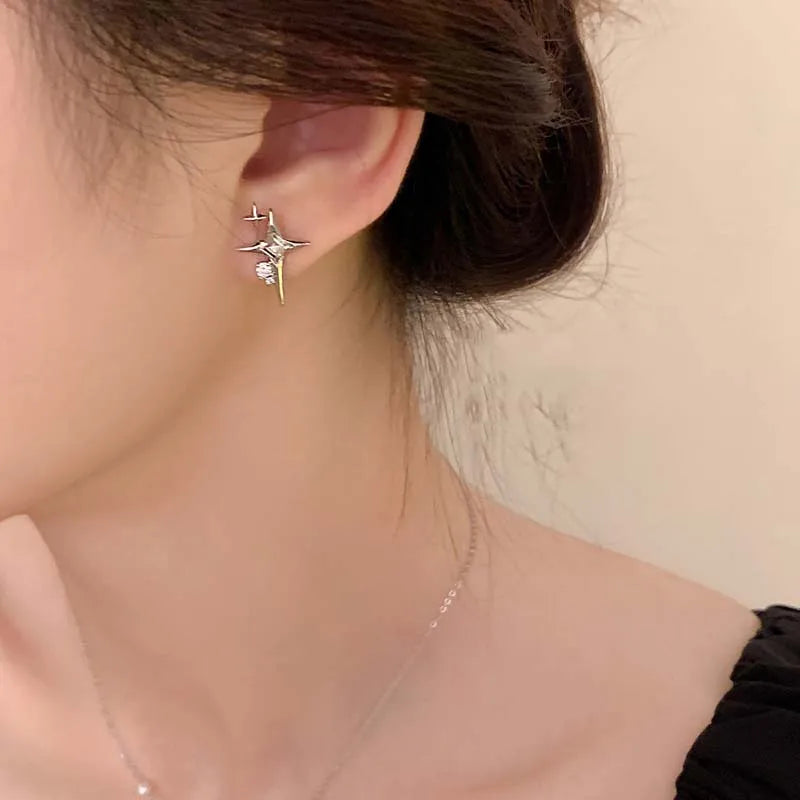 2025 Fashion Silver Color Cross Star Zircon Stud Earrings for Women Girl Korean Four-Pointed Star Personality Earrings Jewellery