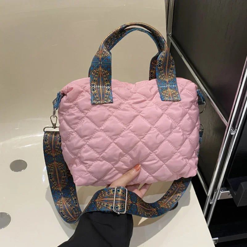 Women Wide Shoulder Belt Handbag Large Capacity All-Match Shopping Tote Bag Fall/Winter Rhombus Space Cotton Shoulder Bag