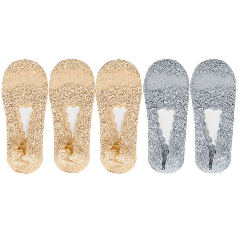5 Pairs Socks Women's Lace Invisible Short No-Show Ankle Foot Summer Cotton Transparent White Low Cut Boat Sock