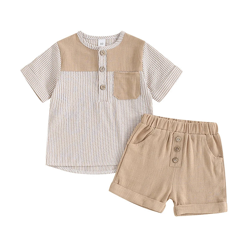 2024-03-09 Lioraitiin Toddler Boys Summer Outfits Striped Print Short Sleeve T-Shirt and Elastic Shorts Vacation Clothes Set