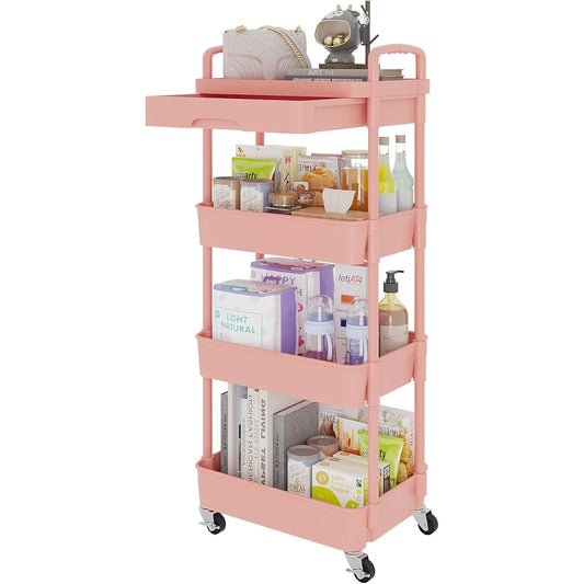 4-Tier Rolling Utility Cart with Drawer,Multifunctional Storage Organizer with Plastic Shelf & Metal Wheel,Storage Cart,Pink