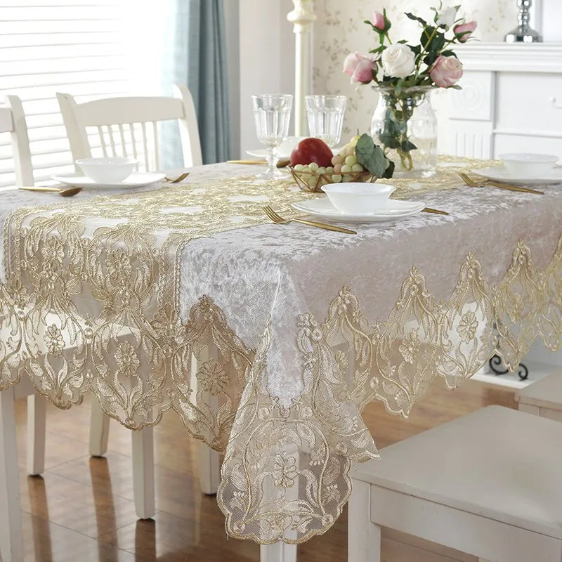 Tablecloth Blue Golden Velvet Rectangle Table Cloth Europe Luxury Embroidered Dining Table Cover Lace Dust Cover Home Decor